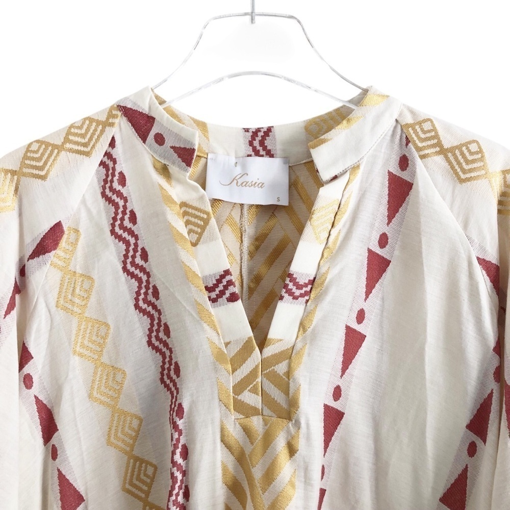 Kasia Pull On Dress Gold Maroon Cream Geometric Print Size Small - Picture 6 of 11
